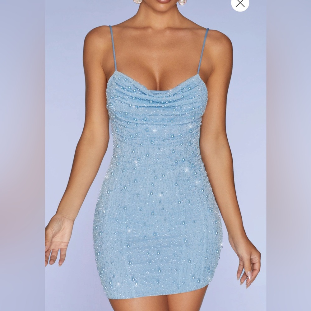 Size 4 Oh Polly Embellished Cowl Neck Mini Dress in Blue